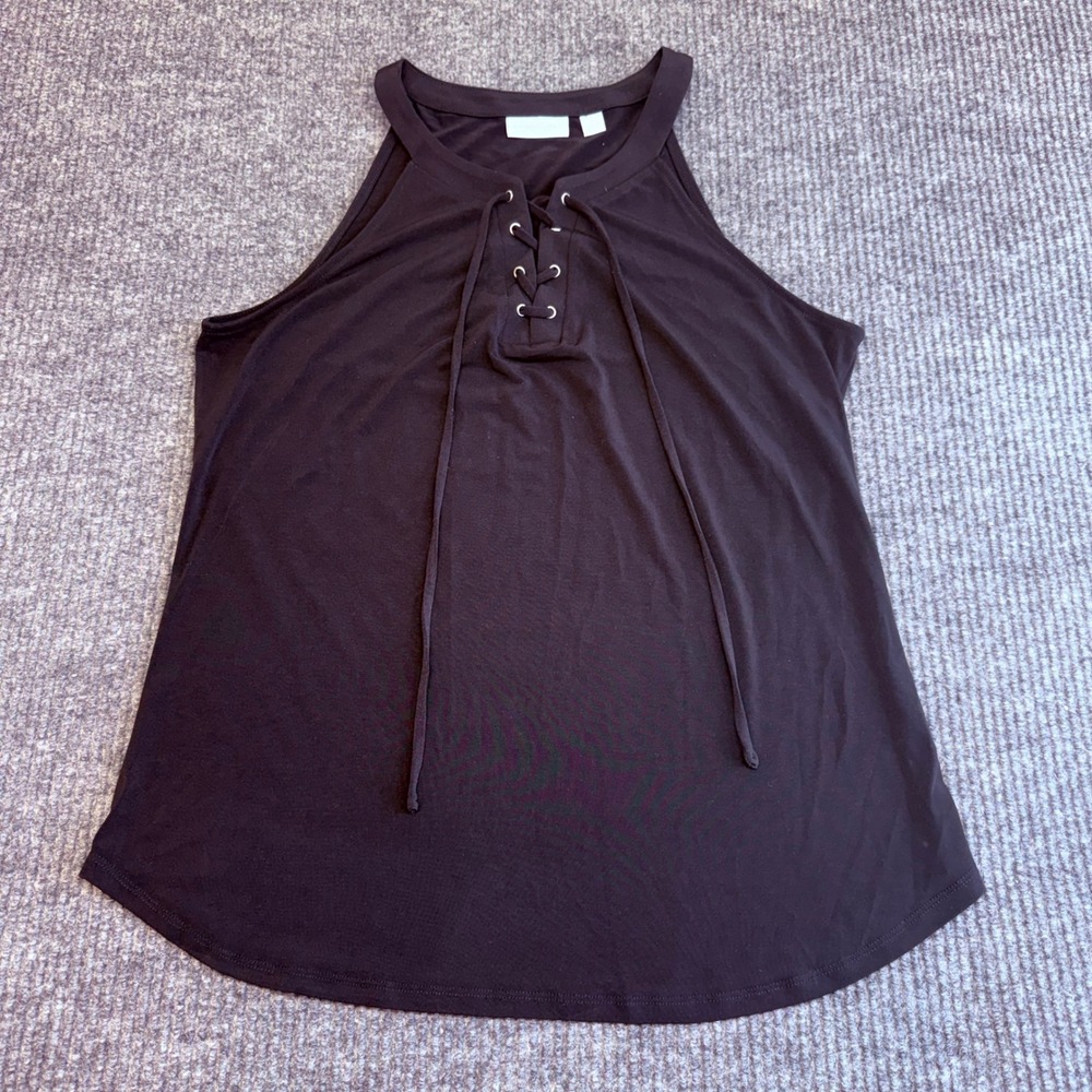 NY & Co Women's M Black Lace Up Sleeveless Stretch Top Grommet